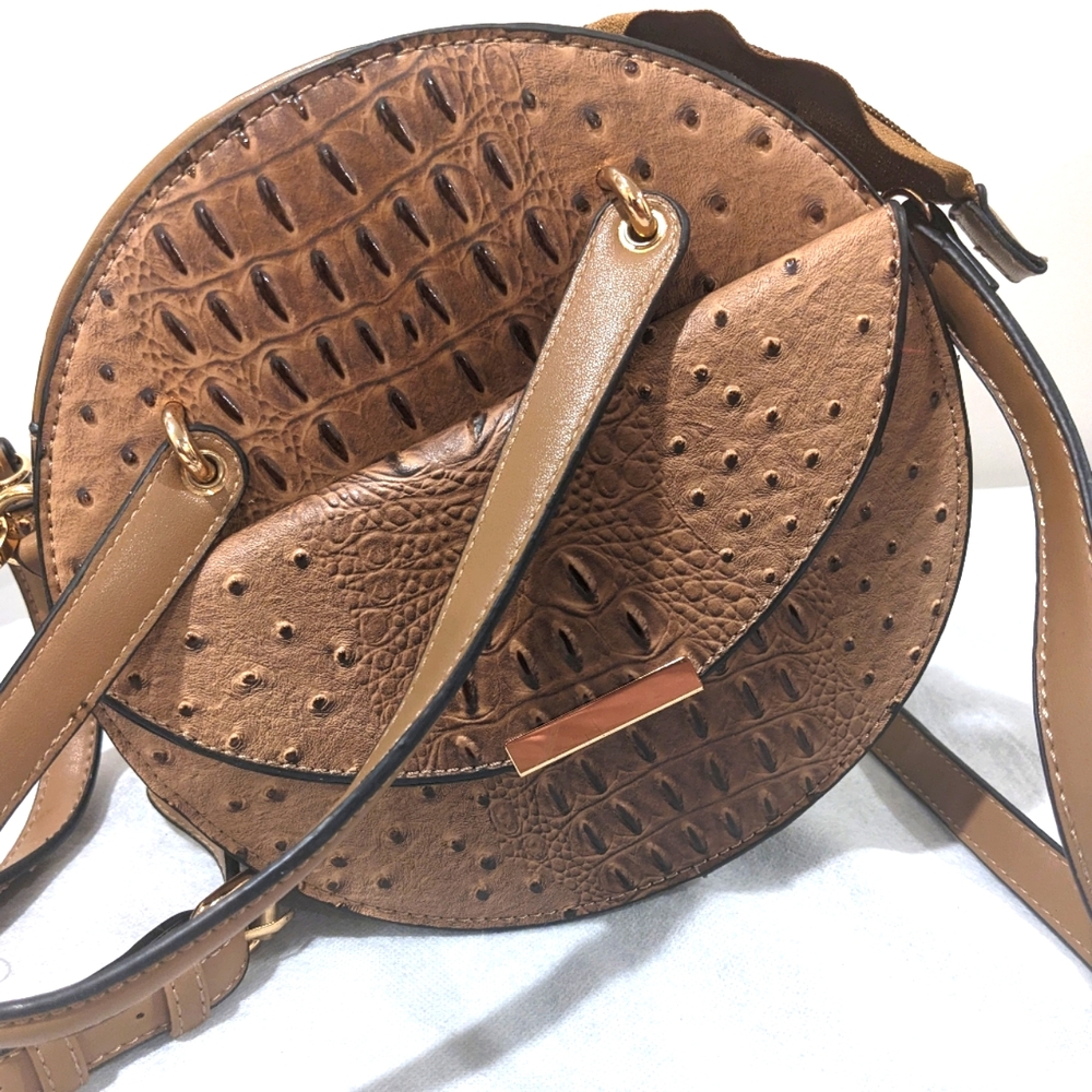 Brown Croc Design Round Crossbody Bag